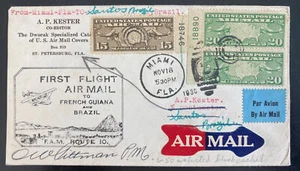 1930 Miami FL USA First Flight Airmail Cover FFC To Santos Brazil Signed - Picture 1 of 2