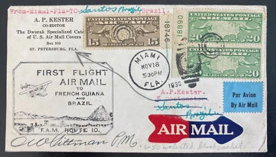 1930 Miami FL USA First Flight Airmail Cover FFC To Santos Brazil Signed - Image 1 of 2