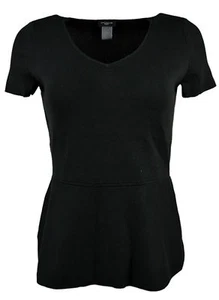 Ann Taylor Womens Black Ribbed V-Neck Peplum Blouse Top Medium Petite $59 4986-1 - Picture 1 of 3