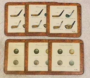 PIMPERNEL Coaster SET of 6 A CENTURY OF GOLF CLUBS & BALLS 4x4” Cork-Back BOXED - Picture 1 of 7
