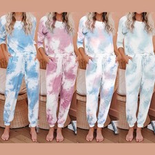 2 Piece Gradient Tie-Dye Women Sweatsuit Long Sleeve Tops Jogger Pants Tracksuit