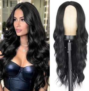 Lange schwarze Kunsthaarperücken für Frauen natürlich aussehend wellig lockig Perücke Mitte P - Bild 1 von 33