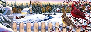 Limitierte Auflage Doppel-ACEO-DRUCK Niedlicher Kardinalvogel Winterdorf M. Mishkova - Bild 1 von 1