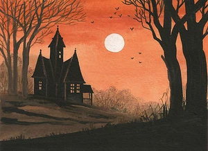 ACEO PRINT OF PAINTING HALLOWEEN FOLK ART RYTA HAUNTED HOUSE Salem Landscape 🎃 - Picture 1 of 1