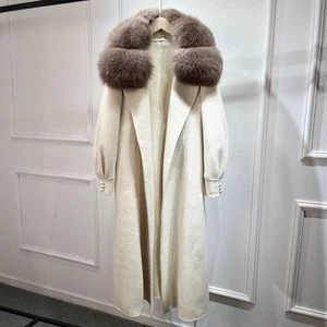 Women's Cashmere Coat Long Wool Collar Korean Slim Fit Fox Fur Collar Wool Coat - Picture 1 of 30
