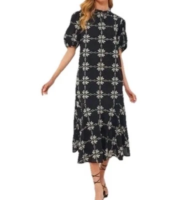 TUCKERNUCK Black Eyelet Lewis Midi Dress Pockets Cotton Puff Sleeves Sz Small - Image 1 of 4