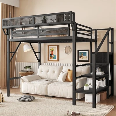 Metal High Loft Bed with Wardrobe Stairs Storage Shelf Twin Size Bed Frame Black - Image 1 of 4