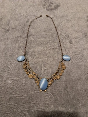 Vintage Art Deco Czech Glass Necklace with Blue Satin Glass Cabochons - Image 1 of 4