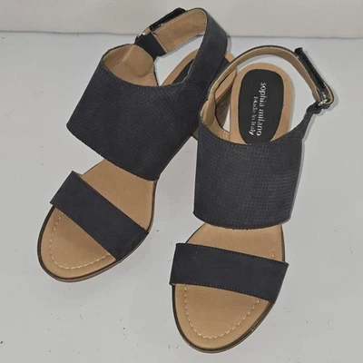 0228 Sophia Milano Navy Leather Slingback Peep Toe Sandals Size 9.5 - Image 1 of 4