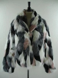 NWT Women's sz L Forever 21 Faux Fox Fur Jacket Cream Pink Black Patchwork Plush - Picture 1 of 20