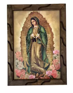 Virgen De Guadalupe 13 x 18 Inch Rustic Wooden Detailed Frame - Picture 1 of 2