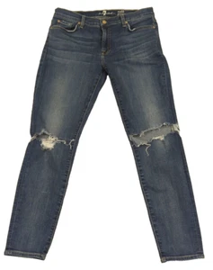 7 For All Mankind Women's Jeans Gwenevere Sz 32 Distressed Ankle Stretch Blue - Picture 1 of 16