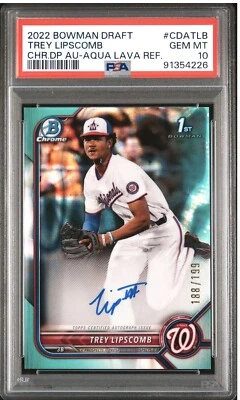 2022 Bowman Draft Trey Lipscomb 1st Chrome Aqua Lava Refractor Auto /199 PSA 10 - Image 1 of 2