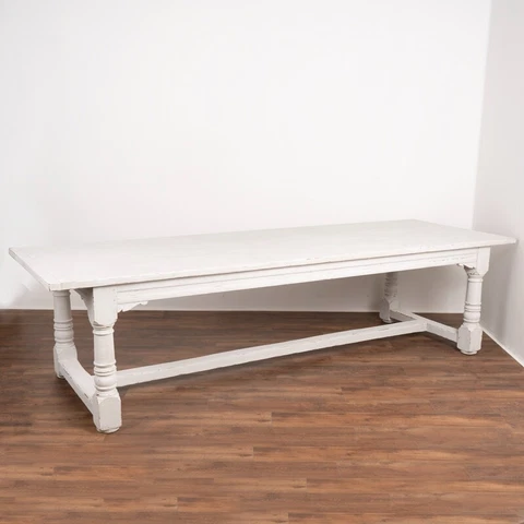 Vintage Long Refectory Dining Table Painted Gray from France Cover