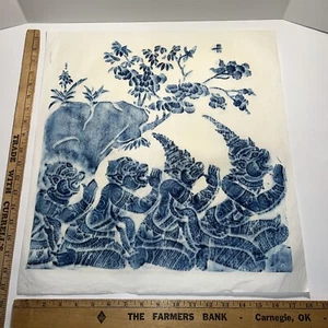 Rare Blue Thai Temple Rubbing 19.5”x 17.5”Made in Thailand�� Four Monkeys Whisper - Bild 1 von 12