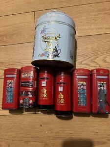 7 x  Novelty "English Tea" Tins 6 " High Red Phone Box & London Bus 164 Bag