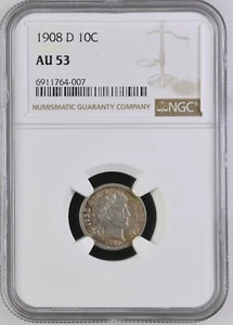 1908-D 10C- NGC AU53 Toned, PQ & MINT LUSTER Barber Dime - Picture 1 of 4