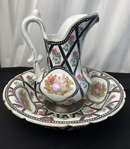 Antigua jarra de lavabo a mano Limoges de la década de 1940 eduardiana pintada a mano rara - Imagen 1 de 12