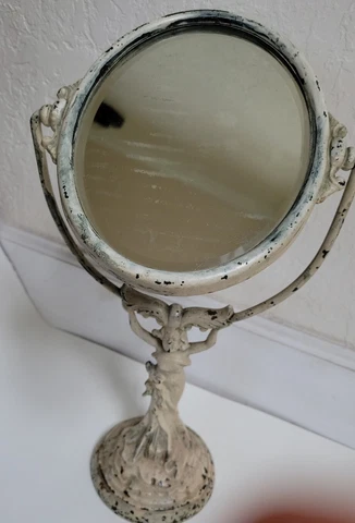 VTG Artistic  Cast Iron Goddess Vanity Table Top Tilt Oval Mirror Solid. Italy Cover