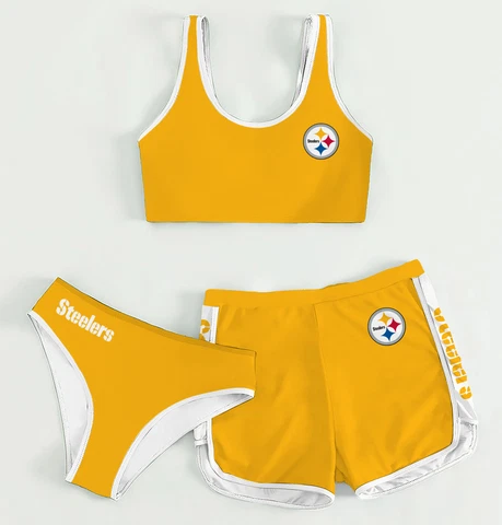 Pittsburgh Steelers Women's Athletic Bikini 3PCS Crop Top With Shorts Swimwear Cover