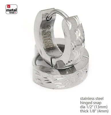 Mens Womens Stainless Steel Silver Etched Huggie Hoop Earrings Hinged SSHE 035 S - Image 1 of 3