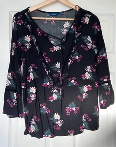 TOM TAILOR slip on black tunic shirt pink flower print 3/4 sleeves size 10 - Picture 1 of 8