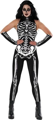 Women`s Sleeveless Skeleton Bodysuit + Gloves Sexy Bone Frame Halloween Costume - Image 1 of 4
