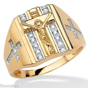 HERRENRING 18 KARAT GOLD ÜBER STERLINGSILBER KRUZIFIX KREUZ DIAMANT 9,10,11,12,13 - Bild 1 von 3