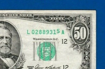 Error note -Stuck Digit Fr. 2122- L 1985  $50  FIFTY FEDERAL RESERVE L 02889315A - Image 1 of 3