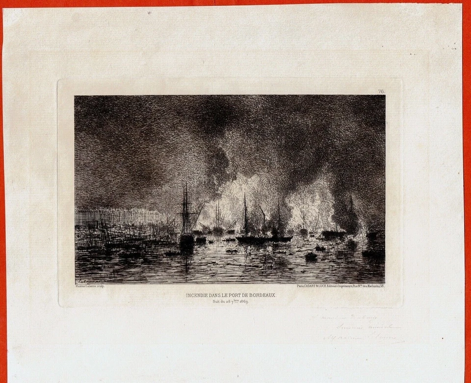 GU106-GRAVURE-AUTOGRAPHE-MAXIME LALANNE-INCENDIE DANS LE PORT DE BORDEAUX-1869 - Photo 1/1