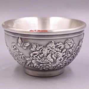 Taza de té pequeña de plata fina maciza 999 aislamiento térmico patrón peonía cuenco chino - Imagen 1 de 7