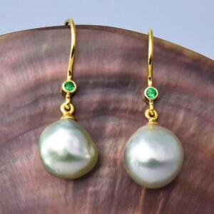 South Sea Pearl Earrings, Emerald & Vermeil Gold-plated on Sterling Silver 3.74g