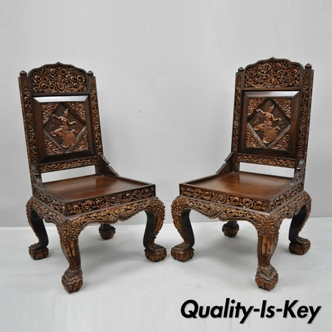 Hand Carved Thai Oriental Teak Wood Dining Chairs Dancing Female Figure - a Pair Cover
