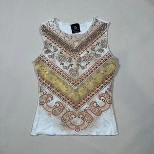NWT Vintage Anxiety Cafe White And Orange Paisley Women’s Tank With Sparkles - Picture 1 of 8