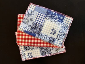 Three Double Sided Gingham Check Patchwork Placemats Red White Blues 13.5x18.5” - Picture 1 of 13