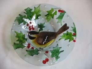 13"  Art Glass Holiday Christmas Bird on fused glass Salad serving bowl Snow - Picture 1 of 4
