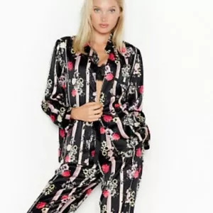 VICTORIA'S SECRET The Satin PJ Set Black Floral Stripe Mix Long Sz Large MINT - Picture 1 of 12