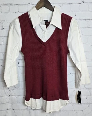 Suéter Camisa Chaleco Borgoña Cuello en V Preppy Clásico Y2K Para Mujer Talla Med Foto 1 de 4