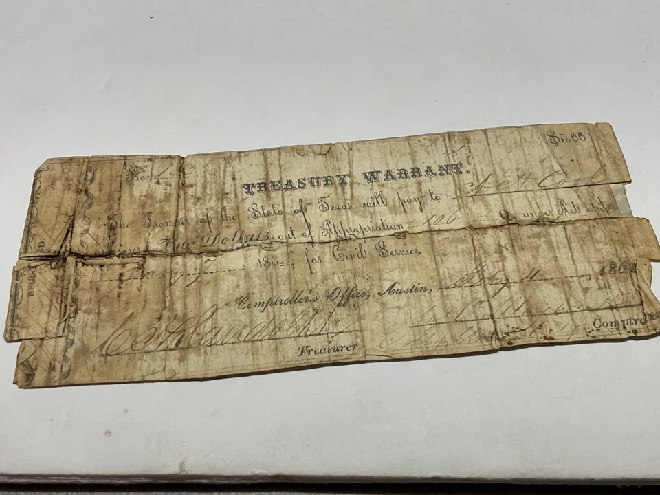 ORIGINAL CSA STATE OF TEXAS TREASURY WARRANT FEBRUARY 1864 FIVE DOLLARS REGISTER - Image 1 of 4