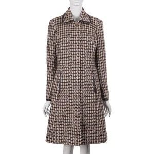 COACH Women Coat S? Brown Houndstooth Wool Leather Trim Leatherware Turn Lock - Picture 1 of 11