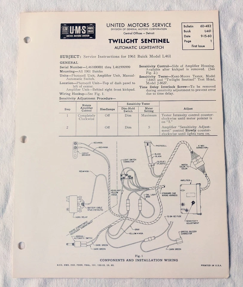 Buick Wildcat LeSabre 1961-1962 Original GM Twilight Sentinel Información de Servicio Nuevo de Lote Antiguo Foto 1 de 3