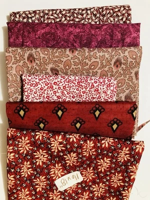 Lot of 6 Cotton Fabric Scraps Red Mauve Maroons Florals Geometric Lot #2 - Image 1 of 4