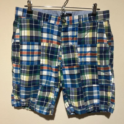 Nautica Mens 32 Plaid Shorts Blue Green Orange Classic Fit Chinos Preppy 33 X 8 - Image 1 of 4