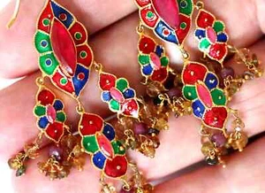 Pendientes Multán Chapados en Oro 24kt Esmalte Tradicional Plata 925 Joya Multicolor - Imagen 1 de 4