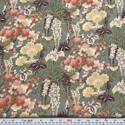 Mandarin Dynasty by Hoffman Metallic Floral Gray-Blue Cotton Remnant 20" x 43" - Image 1 of 2