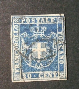 ITALIA ,ITALY 1860 Toscana Tuscany " Stemma di Savoia" 20c azzurro USED cert. - Imagen 1 de 3