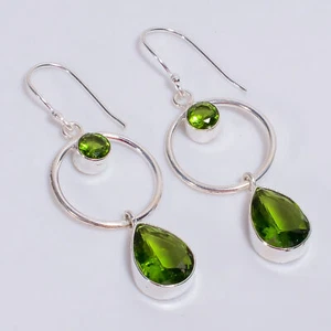 Natural Peridot Gemstone Ethnic Jewelry 925 Sterling Silver Earrings 2.2" N861 - Picture 1 of 5