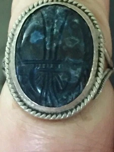 Egyptian Scarab Beetle Bug Beetle Sterling Silver Soap Stone Ring Sz 6 Vintage - Picture 1 of 12