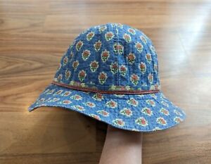 Little Girls Vintage Blue Toddler Sun Bucket Hat Floral French Country Boho Farm