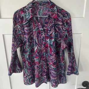 Splendida e incontaminata blusa Laura Scott viola paisley scrunched con bottoni XL usata in ottime condizioni - Foto 1 di 11